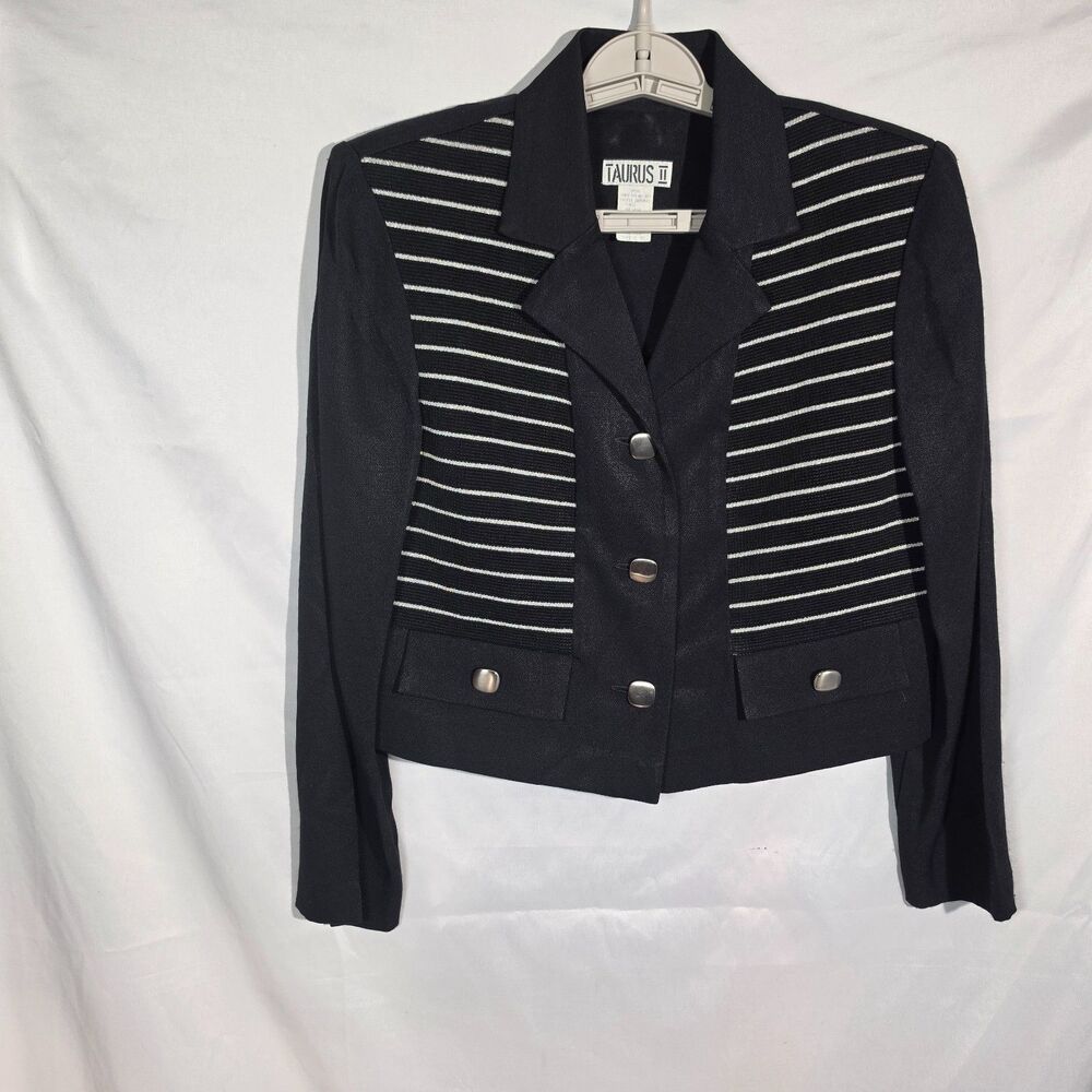 TAURUS II Vintage Ribbed Stripe Cropped Blazer Jacket in Black / White M